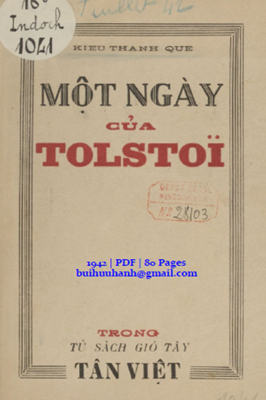 Một Ngày Của Tolstoi (NXB Tân Việt 1942) - Kiều Thanh Quế, 80 Trang