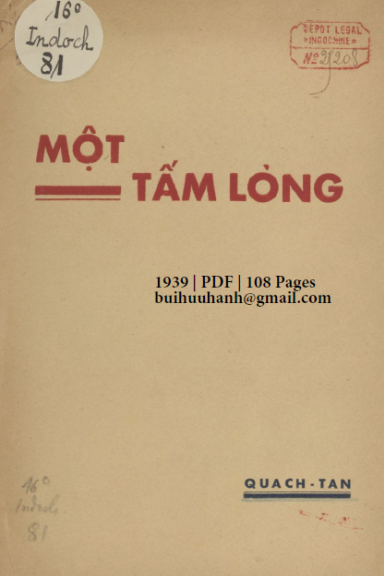 Một Tấm Lòng (NXB Thụy Ký 1939) - Quách Tấn, 108 Trang
