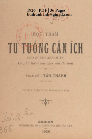 Một Trăm Tư Tưởng Cần Ích Cho Người Annam Ta (NXB Nguyễn Văn Của 1926) - Tấn Thành, 36 Trang