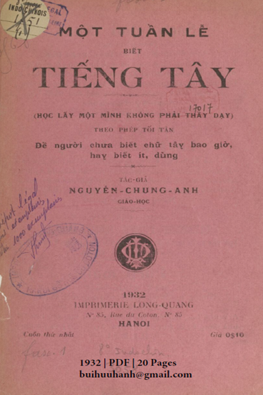 Một Tuần Lễ Biết Tiếng Tây Cuốn 1 (NXB Long Quang 1932) - Nguyễn Chung Anh, 20 Trang