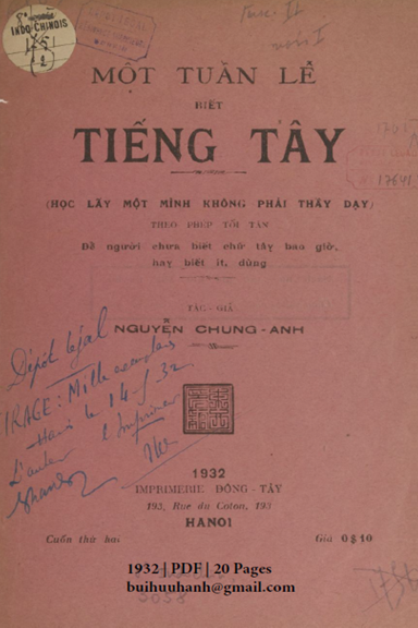 Một Tuần Lễ Biết Tiếng Tây Cuốn 2 (NXB Đông Tây 1932) - Nguyễn Chung Anh, 20 Trang