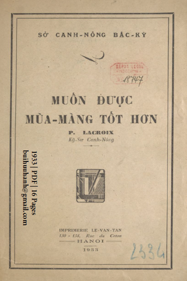 Muốn Được Mùa Màng Tốt Hơn (NXB Lê Văn Tân 1933) - P. Lacroix, 16 Trang