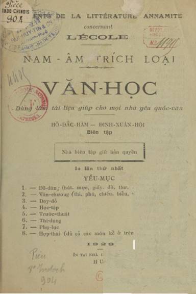 Nam Âm Trích Loại Văn Học (NXB Đắc Lập 1929) - Hồ Đắc Hàm, 24 Trang
