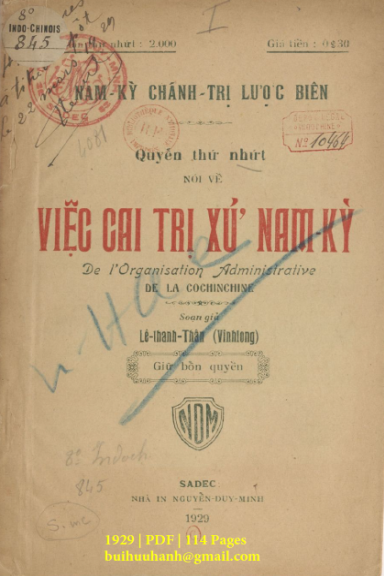 Nam Kỳ Chánh Trị Lược Biên Quyển 1 (NXB Nguyễn Duy Minh 1929) - Lê Thanh Thân, 114 Trang