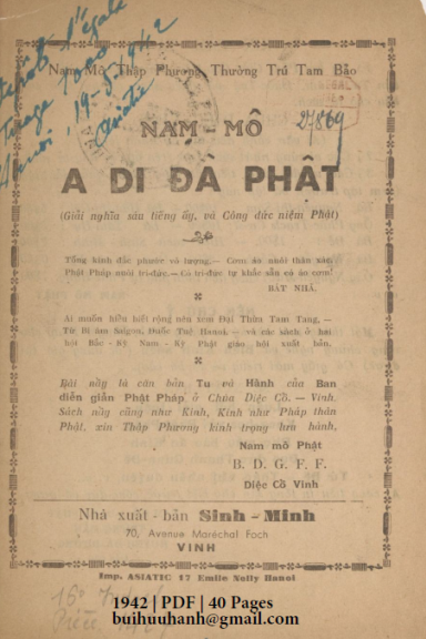 Nam Mô A Di Đà Phật (NXB Sinh Minh 1942) - Huỳnh Bá Dưỡng, 40 Trang