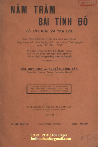 Năm Trăm Bài Tính Đố (NXB Trung Bắc Tân Văn 1939) - Bùi Huy Huệ, 168 Trang