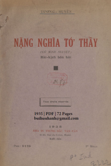 Nặng Nghĩa Tớ Thầy (NXB Trung Bắc Tân Văn 1935) - Tương Huyền, 72 Trang