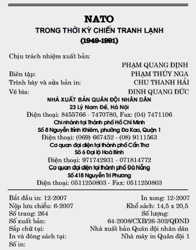 NATO Trong Thời Kỳ Chiến Tranh Lạnh 1949-1991 (NXB Quân Đội 2007) - Hán Văn Tâm, 262 Trang