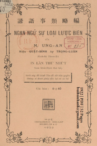 Ngạn Ngữ Sự Loại Lược Biên (NXB Đắc Lập 1922) - Ưng Ân, 52 Trang