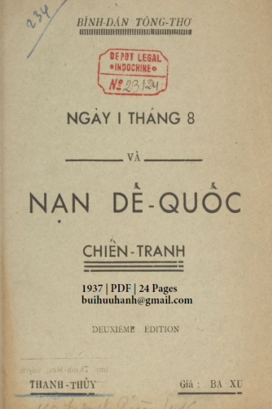 Ngày 1 Tháng 8 Và Nạn Đế Quốc Chiến Tranh (NXB Thạnh Mậu 1937) - Thanh Thủy, 24 Trang