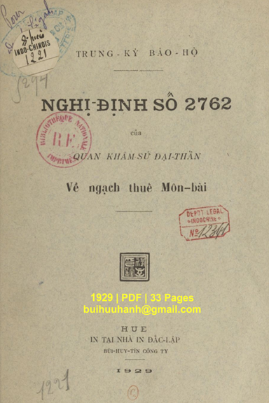 Nghị Định Số 2762 Của Quan Khâm Sứ Đại Thần Về Ngạch Thuế Môn Bài (NXB Đắc Lập 1929) - Jabouille
