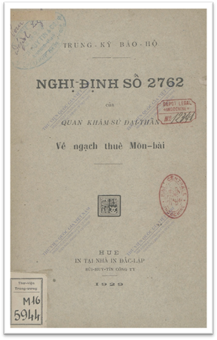 Nghị Định Số 2762 Của Quan Khâm Sứ Đại Thần Về Ngạch Thuế Môn Bài 1929