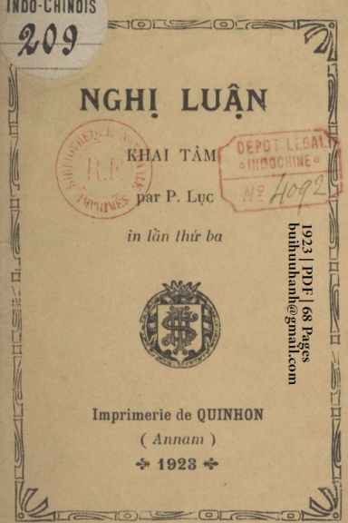 Nghị Luận Khai Tâm (NXB Qui Nhơn 1923) - Pierre Lục, 68 Trang