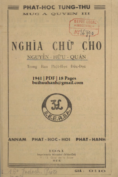 Nghĩa Chữ Nho (NXB Annam Phật Học Hội 1941) - Nguyễn Hữu Quán, 18 Trang