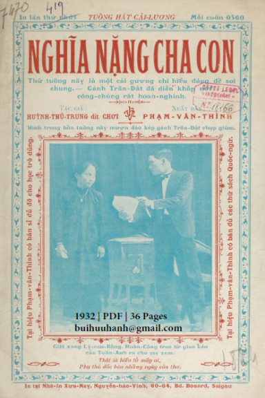Nghĩa Nặng Cha Con (NXB Xưa Nay 1932) - Huỳnh Thũ Trung, 36 Trang