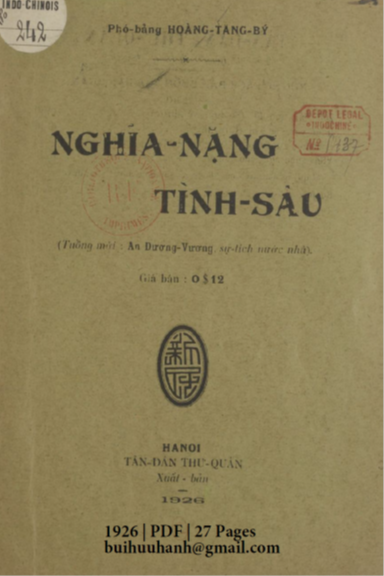Nghĩa Nặng Tình Sâu (NXB Tân Dân 1926) - Hoàng Tăng Bý, 27 Trang