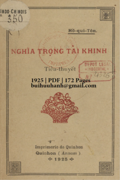Nghĩa Trọng Tài Khinh (NXB Qui Nhơn 1925) - Hồ Quí Tôn, 172 Trang