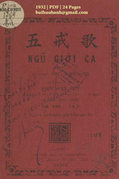 Ngũ Giới Ca (NXB Nhật Hưng 1932) - Chu Ngọc Chi, 24 Trang