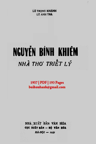 Nguyễn Bỉnh Khiêm Nhà Thơ Triết Lý (NXB Văn Hóa 1957) - Lê Trọng Khánh, 193 Trang