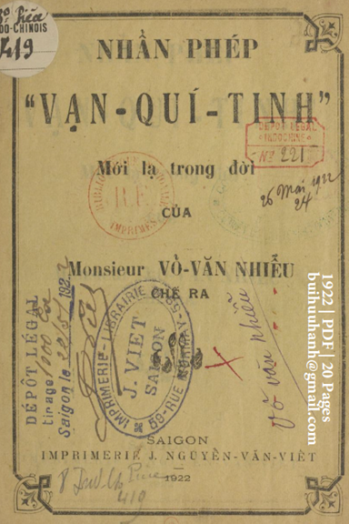 Nhẩn Phép Vạn Quí Tinh (NXB Nguyễn Văn Viết 1922) - Võ Văn Nhiễu, 20 Trang