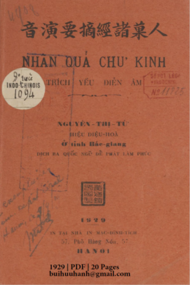 Nhân Quả Chư Kinh (NXB Mạc Đình Tích 1929) - Nguyên Thị Từ, 20 Trang
