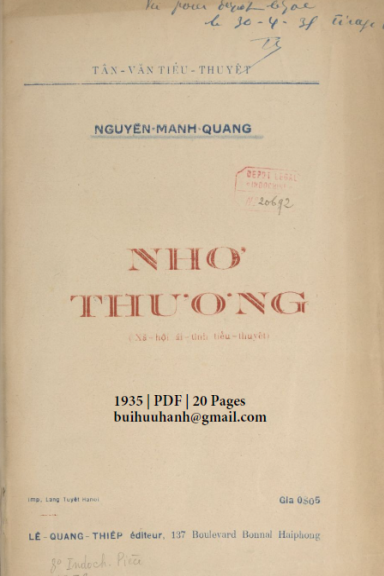 Nhớ Thương (NXB Lang Tuyết 1935) - Nguyễn Mạnh Quang, 20 Trang
