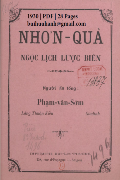 Nhơn Quả Ngọc Lịch Lược Biên (NXB Đức Lưu Phương 1930) - Phạm Văn Sớm, 28 Trang