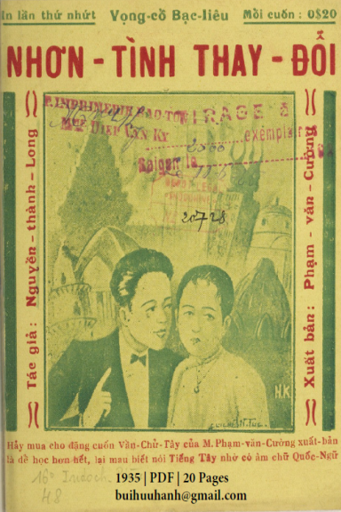 Nhơn Tình Thay Đổi (NXB Bảo Tồn 1935) - Nguyễn Thành Long, 20 Trang