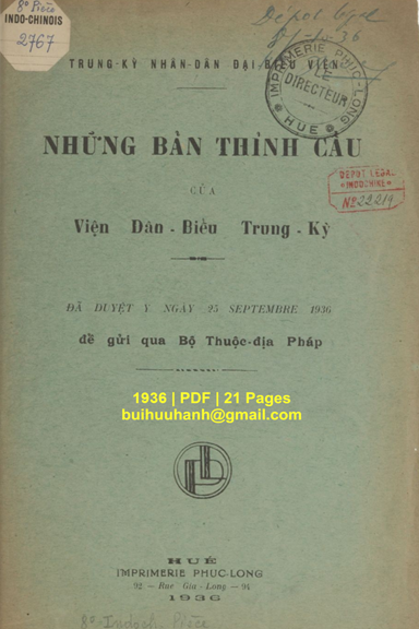 Những Bản Thỉnh Cầu Của Viện Dân Biểu Trung Kỳ (NXB Phúc Long 1936) - Nhiều Tác Giả, 21 Trang