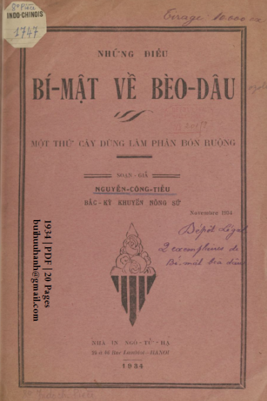 Những Điều Bí Mật Về Bèo Dâu (NXB Ngô Tử Hạ 1934) - Nguyễn Công Tiễu, 20 Trang