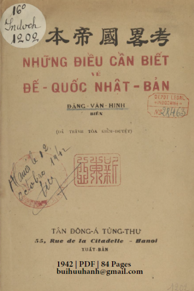 Những Điều Cần Biết Về Đế Quốc Nhật Bản (NXB Tân Đông Á Tùng Thư 1942) - Đặng Văn Hinh, 84 Trang
