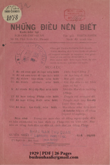 Những Điều Nên Biết (NXB Ích Chí Thư Quán 1929) - Thiên Nhỡn, 26 Trang