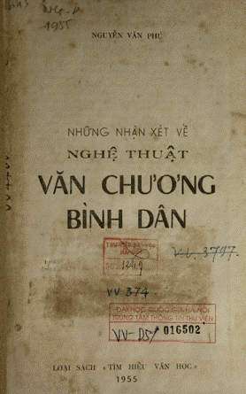 Những Nhận Xét Về Nghệ Thuật Văn Chương Bình Dân (NXB Sông Lô 1955) - Nguyễn Văn Phú, 51 Trang