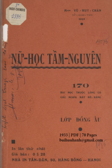 Nữ Học Tầm Nguyên Lớp Đồng Ấu (NXB Tân Dân 1933) - Vũ Huy Chân, 70 Trang