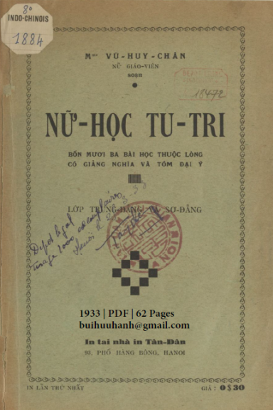 Nữ Học Tu Tri Lớp Trung Đẳng Và Sơ Đẳng (NXB Tân Dân 1933) - Vũ Huy Chân, 62 Trang