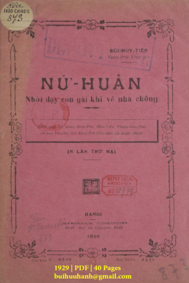 Nữ Huấn (NXB Đông Kinh 1929) - Bùi Huy Tiến, 40 Trang