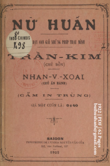 Nữ Huấn (NXB Nguyễn Văn Của 1922) - Trần Kim, 62 Trang