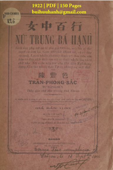 Nữ Trung Bá Hạnh (NXB Nguyễn Văn Của 1922) - Trần Phong Sắc, 150 Trang