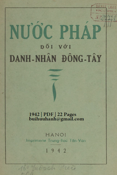 Nước Pháp Đối Với Danh Nhân Đông Tây (NXB Trung Bắc Tân Văn 1942) - Nhiều Tác Giả, 22 Trang