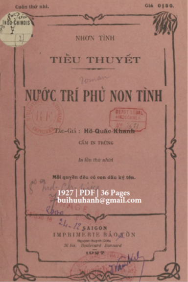 Nước Trí Phủ Non Tình Cuốn 2 (NXB Bảo Tồn 1927) - Hồ Quấc Khanh, 36 Trang