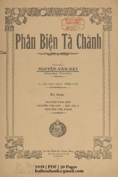 Phân Biện Tà Chánh (NXB Xưa Nay 1939) - Nguyễn Văn Đắt, 20 Trang