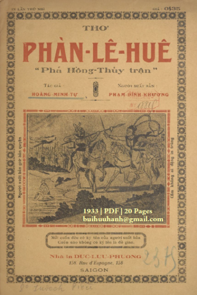 Phàn Lê Huê Phá Hồng Thủy Trận (NXB Đức Lưu Phương 1933) - Hoàng Minh Tự, 20 Trang