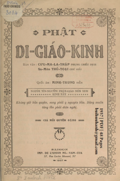 Phật Di Giáo Kinh (NXB Nguyễn Văn Của 1937) - Minh Trung, 48 Trang