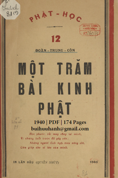 Phật Học 12-Một Trăm Bài Kinh Phật Quyển 1 (NXB Sài Gòn 1940) - Đoàn Trung Còn, 174 Trang