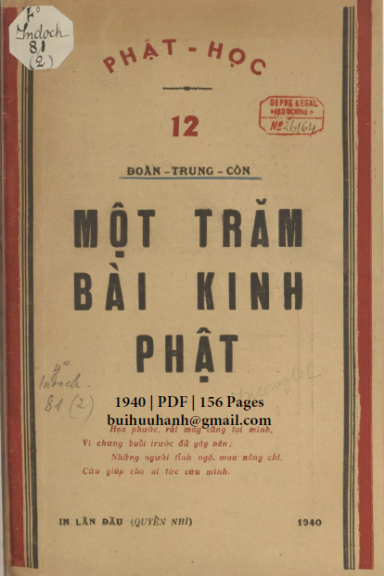 Phật Học 12-Một Trăm Bài Kinh Phật Quyển 2 (NXB Sài Gòn 1940) - Đoàn Trung Còn, 156 Trang