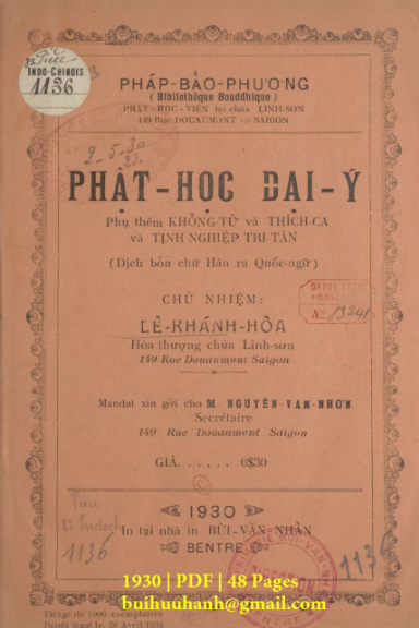 Phật Học Đại Ý (NXB Bùi Văn Nhẫn 1930) - Lê Khánh Hòa, 48 Trang