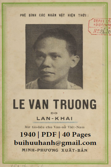 Phê Bình Các Nhân Vật Hiện Thời-Lê Văn Trương (NXB Minh Phương 1940) - Lan Khai, 42 Trang