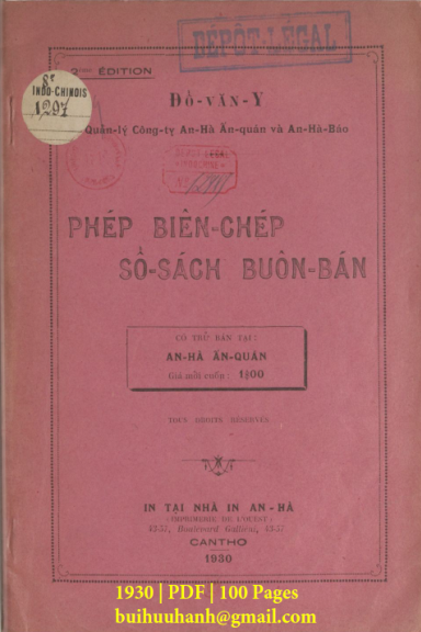 Phép Biên Chép Sổ Sách Buôn Bán (NXB An Hà 1930) - Đỗ Văn Y, 100 Trang