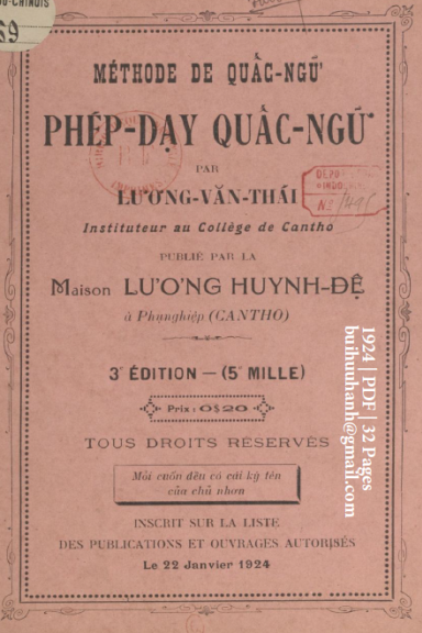 Phép Dạy Quấc Ngữ (NXB Nguyễn Văn Viết 1924) - Lương Văn Thái, 32 Trang