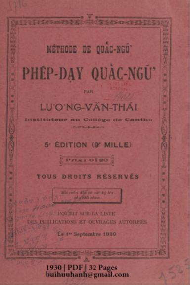 Phép Dạy Quấc Ngữ (NXB Nguyễn Văn Viết 1930) - Lương Văn Thái, 32 Trang